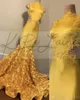 Ljusgul 2020 sjöjungfrun prom klänningar juvelkammad hals ärmlösa handgjorda blommor skräddarsydda afrikansk svart tjej formella aftonklänningar