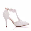 New Arrival Pearls Ivory Lace Flowers Wedding Shoes High Heel Bridal Shoes Party Prom Pearl Straps Pointed Toe Ankle Buckle High Quality