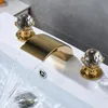 Crystal Handle Golden Waterfall Bathroom Faucet Deck Mount Widespread Bathroom Tub Sink Faucet Chrome Basin Mixer Tap2130438