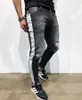 Erkek şık yırtık sıska ince kot pantolon moda tasarımcısı yıkanmış fermuarlı panelli bisikletçinin düz yıpranmış streç denim pantolon sokak giysisi217q