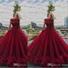 Burgundia Suknia Balowa Prom Dresses Illusion Lace Aplikacja Kryształ Zroszony Czapki Rękawy Ruffles Tulle Puffy Custom Plus Size Formalne Suknie Wieczorowe