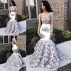 2021 Afrique Argent Sirène Floral Robes De Bal À Manches Longues Sexy Illusion Plongeant Cou Dos Nu Perlé Femmes Filles Pageant Robe Dentelle Soirée Robes De Soirée