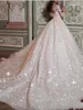 Dubai Arabic Embroidered Lace Sequins Ball Gown Wedding Dresses Gorgeous Long Sleeves Sheer Crew Neckline Church Bridal Gowns AL3325