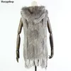 Harppihop päls ny naturlig päls väst äkta kanin päls stickad gilet med hooded long coat jackor kvinnor vinter v-211-05mx191009