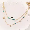 Women Bohemian Ethnic Style Turquoise Beads Pendant Necklace Clavicle Chain Sequin Double-layer Necklace Fashion Jewelry