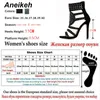 Aneikeh女性のファッションオープントゥラインストーンデザインハイヒールサンダルクリスタルアンクルラップキラキラダイヤモンド剣闘士ブラックサイズ35-40 Y190704