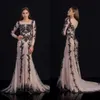 2020 elegante linha de vestidos de noite Jewel mangas compridas Appliqued Lace frisada Trem da varredura Vestido de Noite Ruched Custom Made formal do partido do vestido