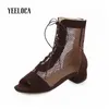 Yeeloca 2019 Summer Boots Women Buto Boots MESH INTEK TOE Otwarty palca czarny seksowny kwadratowy pięt