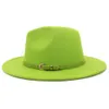 Fashion Lime Green Belt Buckle Decor Artificial Wool Felt Jazz Fedora Hats Women Men Flat Large Brim Panama Cowboy Cap L XL290O