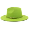 Moda Lime Zielone Pasek Wystrój sztuczny wełna Feel Feldora Fedora Hats Women Men Men Flat Brim Panama Cowboy Cap L XL270I