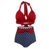 Cintura alta Biquíni Conjunto Sexy Red Swimwear Crochê Maiôs Tamanho Asiático New Fashion Wave Point Swimsuit