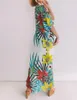 Green Bohemian Tropical Printed Half Sleeve Summer Beach Wear Long Kimono Cardigan Blouses Plus Size Women Swimwear Tops Blouse Cover-Ups