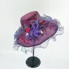 Kvinnor Elegant Blom Organza Hat Fällbara Flat Ruffles Wide Brim Hattar Gaze Kentucky Derby Cap Folding Sun Hat Tea Party Church Wedding Caps