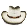 Zomer Zwart Spray Verf Ademend Vrouwen Dames Panama Papier Stro Hoed Lederen Decor Wide Large Brav Visor Cap Beach Cowboy Hat