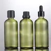 Olive green glass bottles 100ml cosmetic essential oil empty serum dropper bottles with black screw caps