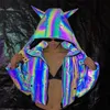 Brilhante iridescente reflexivo baiacu de jaqueta chifre com capuz parka quente parka colhido casaco de bolha mulheres roupas 2019 inverno