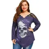 Oversized T Shirt Plus Size 5XL Koronki Szydełka Czaszka Drukuj Asymetryczne Top Teees Kobiety Sexy Trend Trend Długi Rękaw