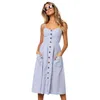 Knapp Striped Print Cotton Casual Beach Sommarklänning Mode Sexig Spaghetti Strap V-Neck Off Shoulder Women Midi Dress Vestidos