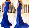 Qatar 2024 Royal Blue Satin Mermaid Long Prom Dresses Elegant Off The Shoulder Bow Sash Simple Sweep Train Formal Party Evening Gowns HY4076