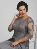 2020 Plus Size Gray Mother of the Bride Dresses 3/4 Long Sleeves Applique and Chiffon Moms Formal Evening Gowns Long Elegant