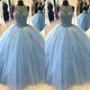 라이트 블루 공 가운 Quinceanera Dresses 2019 달콤한 16 가운 섹시 할로우 비드 스팽글 얇은 명주 그물 공식 특별 행사 드레스