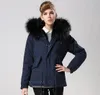 INS hot Meifeng marca mujeres abrigos de nieve negro piel de mapache ajuste parka negro forro de piel de conejo azul marino mini parkas