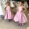 Halter Pink Satin High low Flower Girls Dresses Lace Short Front Back Long Girls Pageant Party for Little Baby Girls First Communion Dresses