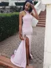 Mermaid Sexy Pink Prom Dresses Halter Backless Side Slit Sweep Train Custom Made Black Girl Evening Party Gowns Formal Ocn Wear