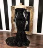 Gorgeous Black Off The Shoulder Mermaid Prom Party Dresses New Long Sleeve Sweep Strain Sequined Formal Evening Gowns