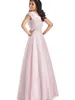 Pink Long A-line Modest Prom Dresses With Cap Sleeves Jewel Neck Lace Top Tulle Satin Skirt Floor Length Formal Modest Prom Gowns Custom