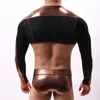 Sexy hommes Faux cuir court maillot de corps creux trou noir maille respirant manches de bras personnalité Gay maille hommes vêtements de nuit Singlet U267W