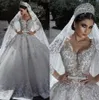 Роскошные с длинными рукавами кружева бальное платье свадебные платья арабский совок шеи бисером цветочный аппликационный лук Sash Bridal платья свадебные платья CPH020
