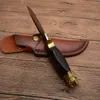 Couteau de chasse à lame fixe fabriqué à la main 7Cr17mov, lame à pointe de goutte en Satin, manche en bois + tête en laiton avec gaine en cuir, offre spéciale