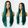 Long Dark Roots Green Mixed Color Ombre Two Tone Lace Front Synthetic Wigs Straight Heat Resistant Hair Pre Plucked Wig with Baby Hair