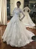 Long Sleeves Dresses Vintage High Neck Lace Applique Sweep Train A Line Covered Buttons Back Wedding Bridal Gown