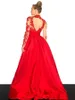 Sheer Red Prom Dresses Long High Neck Lace Taffeta A-Line Applique Sleeve Backless Formal Evening Gowns New Style Custom