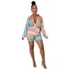 New Arrived Florals Pattern Printed Pink and Yellow Lady Shirt Sets Two Pieces Long Sleeves Long Shirt and Shorts Nightclub Party 4578489