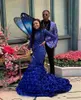 2020 Royal Blue Mermaid Suknie Wieczorowe Plus Rozmiar Z Długim Rękawem Czarne Dziewczyny Rose Flower Appliqued Prom Suknie Koraliki Specjalna okazja Dress