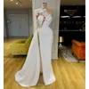 Arabisch Dubai One-Shoulder-weiße Ballkleider mit Stehkragen, Spitzenapplikationen, langen Ärmeln, formelle Abendkleider, seitlich geschlitztes Cocktailpartykleid