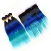 Peruvian Human Hair 3 Tone Ombre Bundlar med Frontal Rak # 1b / Blå / Teal Dark Roots Ombre Weave Bundlar 3st med 13x4 Lace Frontal