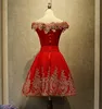 2019 rojo fuera del hombro encaje una línea vestidos de fiesta encaje 3D floral hasta la rodilla corto fiesta de graduación vestidos de cóctel BC2275