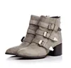 Hot Sale-Plus Storlek 33 till 42 till 48 Trendiga Buckles Chunky Heel Knight Boots Kvinnor Designer Skor Röd Grå Svart 6cm