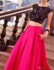 Piece Two Prom Dresses Satin Capped Sleeves Red Black Lace Scalloped Necklline Hollow Back Juniors Graduation Party Gowns