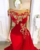 Islamska Czerwona Syrenka Suknie Pagewne Suknie z odpinanym pociągiem 2020 Luksusowy koronki Koronki Sheer Neck Cap Sleeve Prom Suknie
