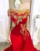 Vestidos de desfile de noche de sirena roja islámica con tren desmontable 2020 de lujo con cuentas de encaje cuello transparente manga casquillo vestidos de graduación