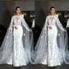 Robes de mariée sirène fabuleuses avec cape bijou cou robe de mariée en dentelle 3D robes de mariée à manches longues de Dubaï robe de mariée de plage, plus la taille 329t