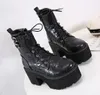 Kvinnor Höst Vinterbiker Stövlar Ladies High Heels Rund Toe Platform Bälte Spänne Lace Up Ankel Chunky Boots För Kvinnor Storlek 35-40