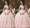 Arabska suknia balowa różowa quinceanera sukienki łódź szyja z długim rękawem koronki Sheer Neck 2019 Vintage Sweet 16 Girls Debiutantes Prom suknia Kanada 2019