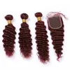 # Pacotes Virgem Cabelo 99J Vinho Tinto onda profunda brasileira com Encerramento Burgundy Red Cabelo Humano Lace Encerramento 4x4 com Weave Pacotes 4pcs Lot