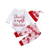Valentines Outfits dia do pai é meu Valentim Impresso bebê macacãozinho chapéu Calças 3PCS Sets Red Meninas Coração roupas Define Kids Clothing DHW2177